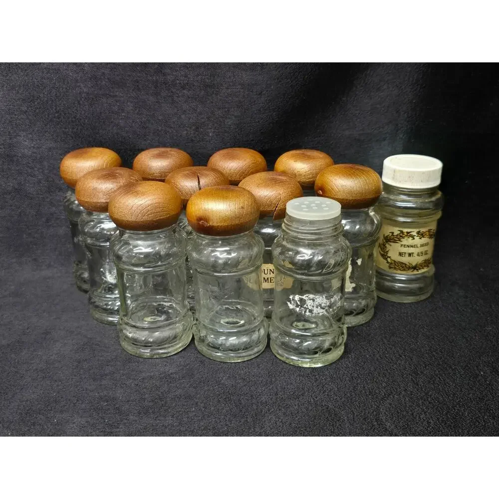 Vintage Glass Spice Bottles Shaker Jars With Faux Wood Lids Lot Of 12
